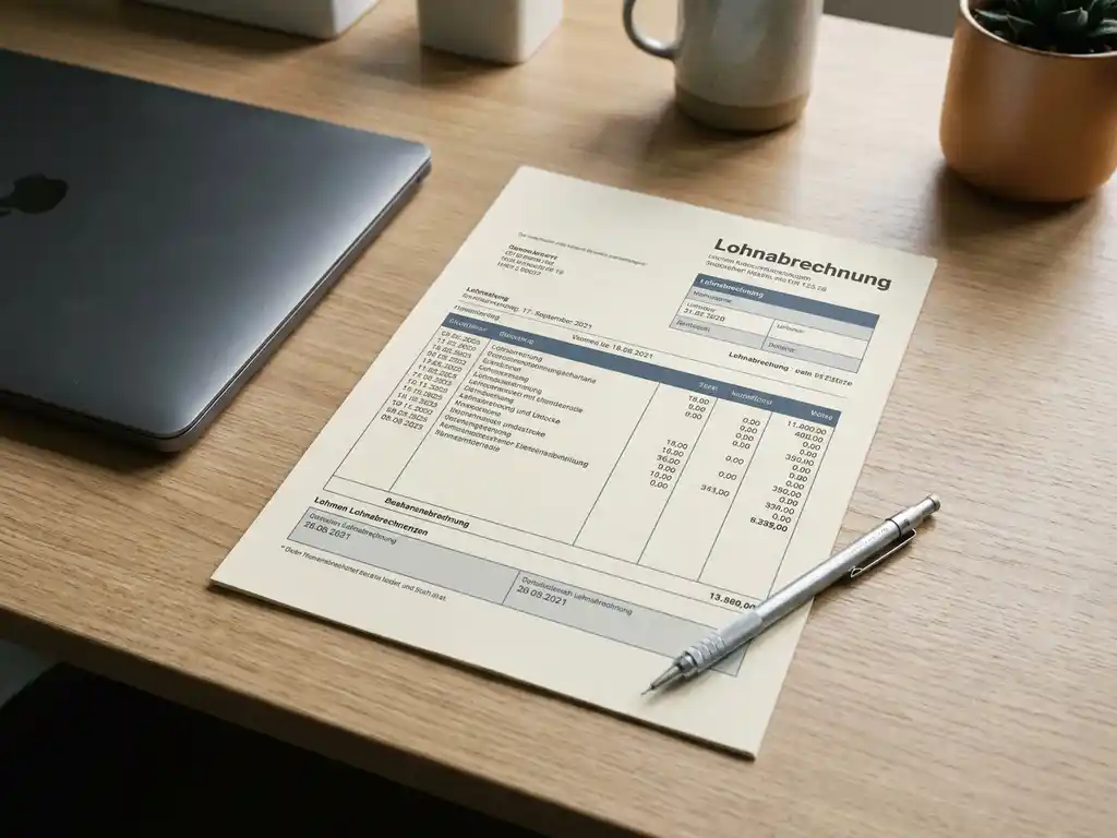 Deutsche Gehaltsabrechnung auf modernem Schreibtisch neben Laptop und Druckbleistift, natürliches Seitenlicht, Draufsicht.