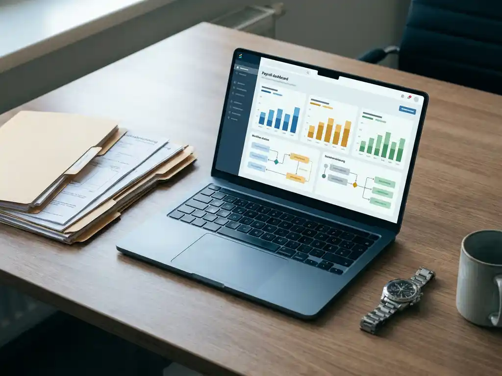 Laptop mit Gehaltsabrechnungs-Dashboard, bunten Gehaltsdiagrammen und deutschen Lohndokumenten neben einer Armbanduhr auf modernem Schreibtisch.