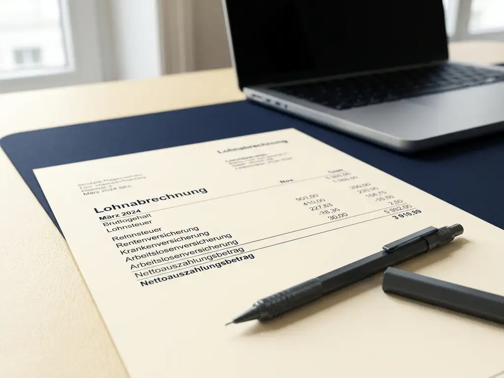 Deutsche Gehaltsabrechnung mit itemisierten Zeilen auf Schreibtisch, mechanischer Bleistift quer darüber, Laptop im Hintergrund.