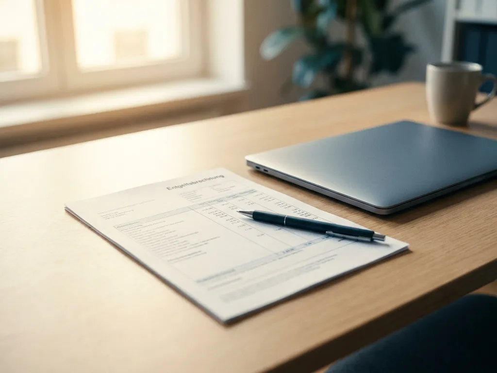 Deutsche Gehaltsabrechnung auf einem modernen Schreibtisch neben einem Laptop, mit Stift, in warmem natürlichem Licht.