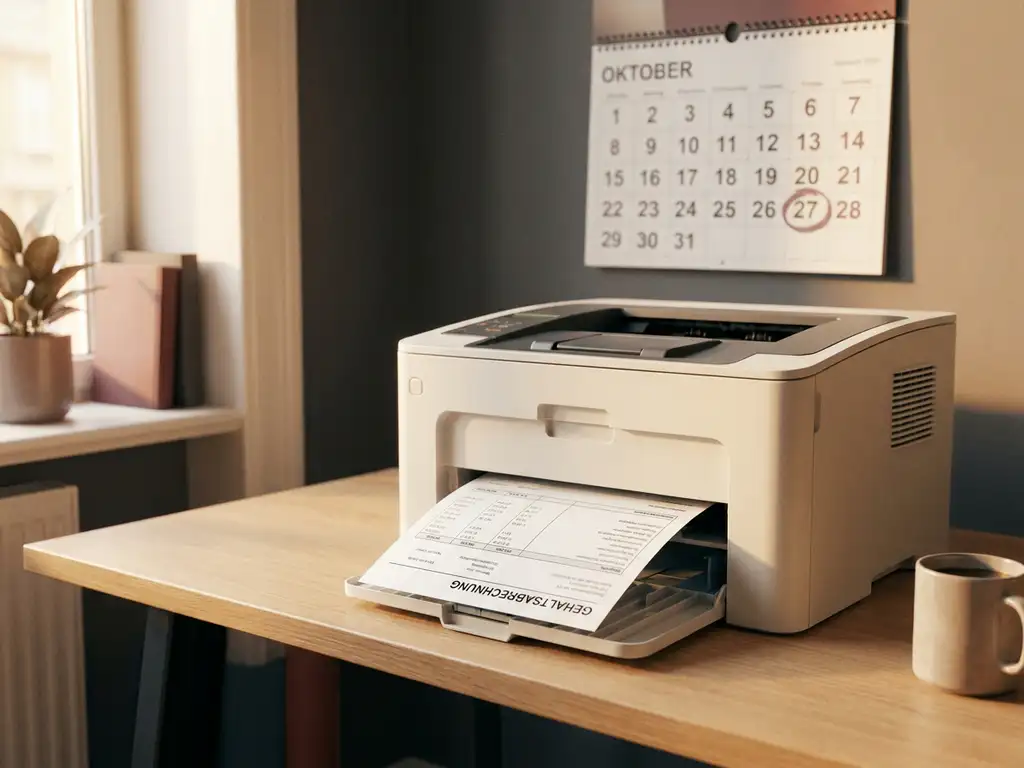 Gehaltsabrechnung wird aus einem Bürodrucker ausgegeben, roter Kreis auf Wandkalender im Hintergrund, natürliches Seitenlicht.