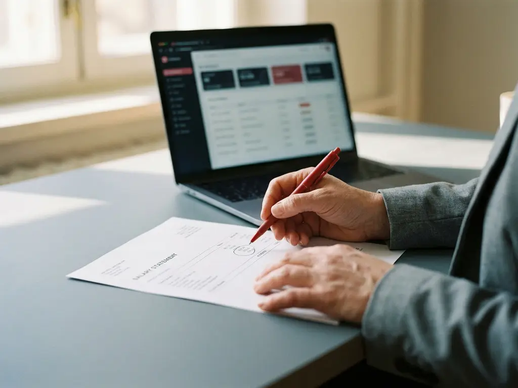 gehaltsabrechnung fehler personalwesen buero.jpg Gehaltsabrechnung mit rotem Stift markiert, Hände eines Payroll-Spezialisten, HR-Software auf Laptop im Hintergrund.