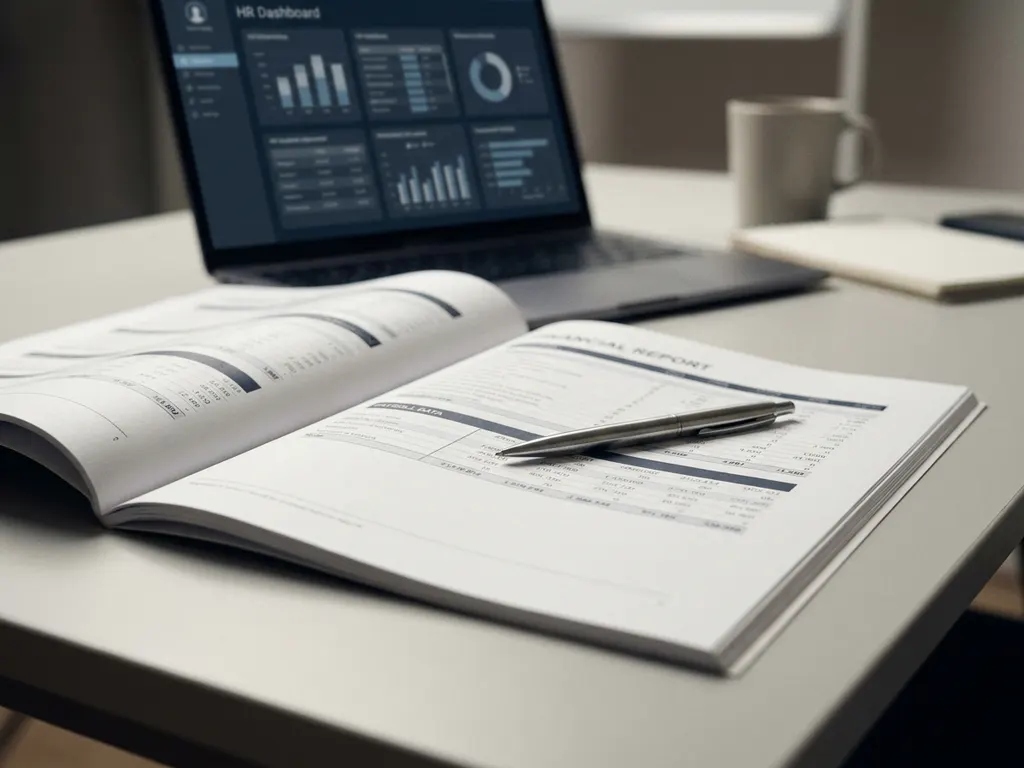 Gehaltsabrechnung auf weißem Papier mit silbernem Stift, verschwommenes HR-Dashboard im Hintergrund, professionelles Büroumfeld.