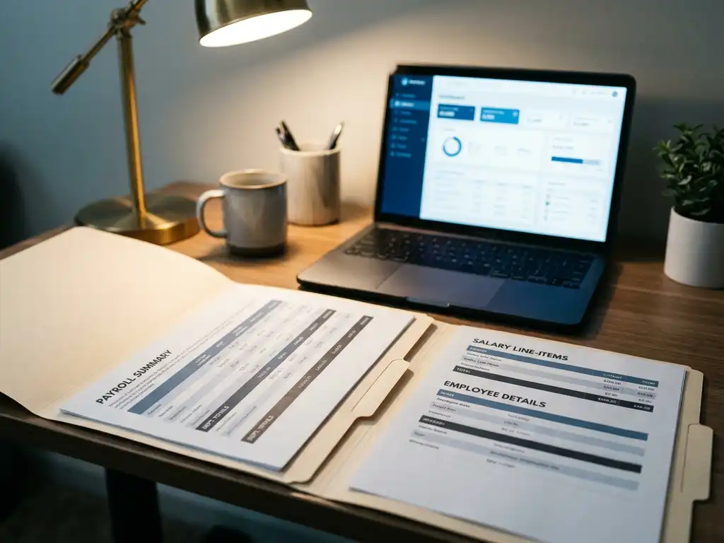 HR-Schreibtisch mit zwei geöffneten Ordnern für Gehaltsübersichten und Lohnberichte, Laptop mit Dashboard im Hintergrund, warmes Lampenlicht.
