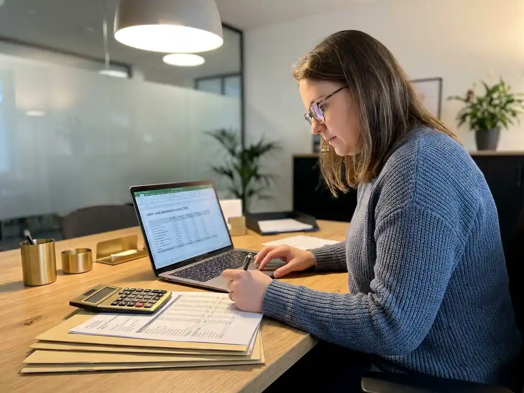 HR-Fachkraft prüft Gehaltsabrechnung am Laptop, umgeben von Lohndokumenten und Taschenrechner auf modernem Büroschreibtisch.