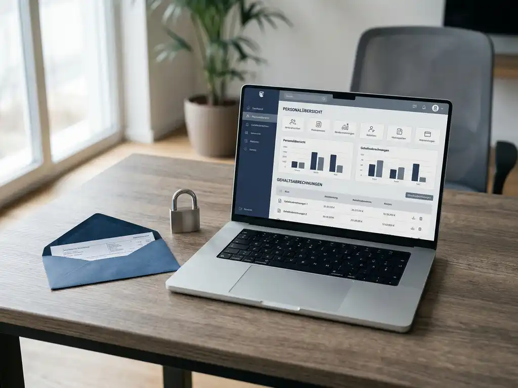 HR-Software-Dashboard auf Laptop mit Vorhängeschloss und gefaltetem Gehaltszettel auf modernem Büroschreibtisch.