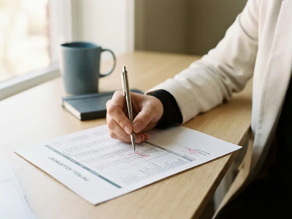 HR-Fachkraft korrigiert ein Gehaltsabrechnungsdokument mit einem Stift, weiches Tageslicht auf modernem Schreibtisch.