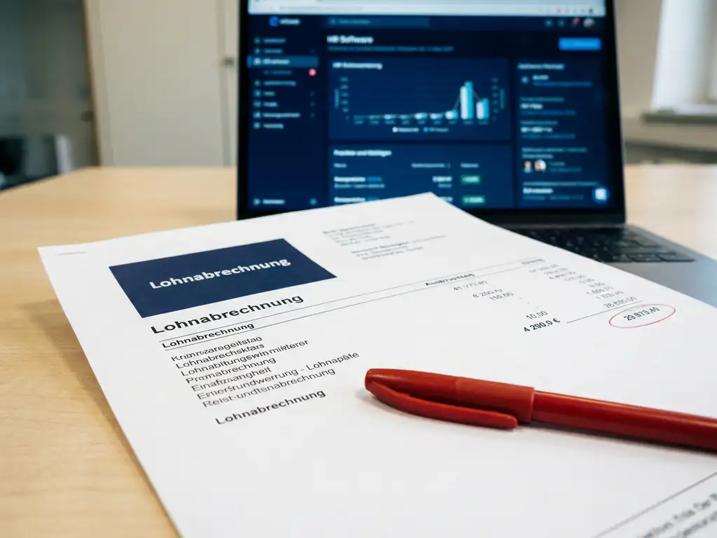 Deutscher Gehaltszettel auf modernem Schreibtisch mit rotem Stift, HR-Software auf Laptop im Hintergrund unscharf.