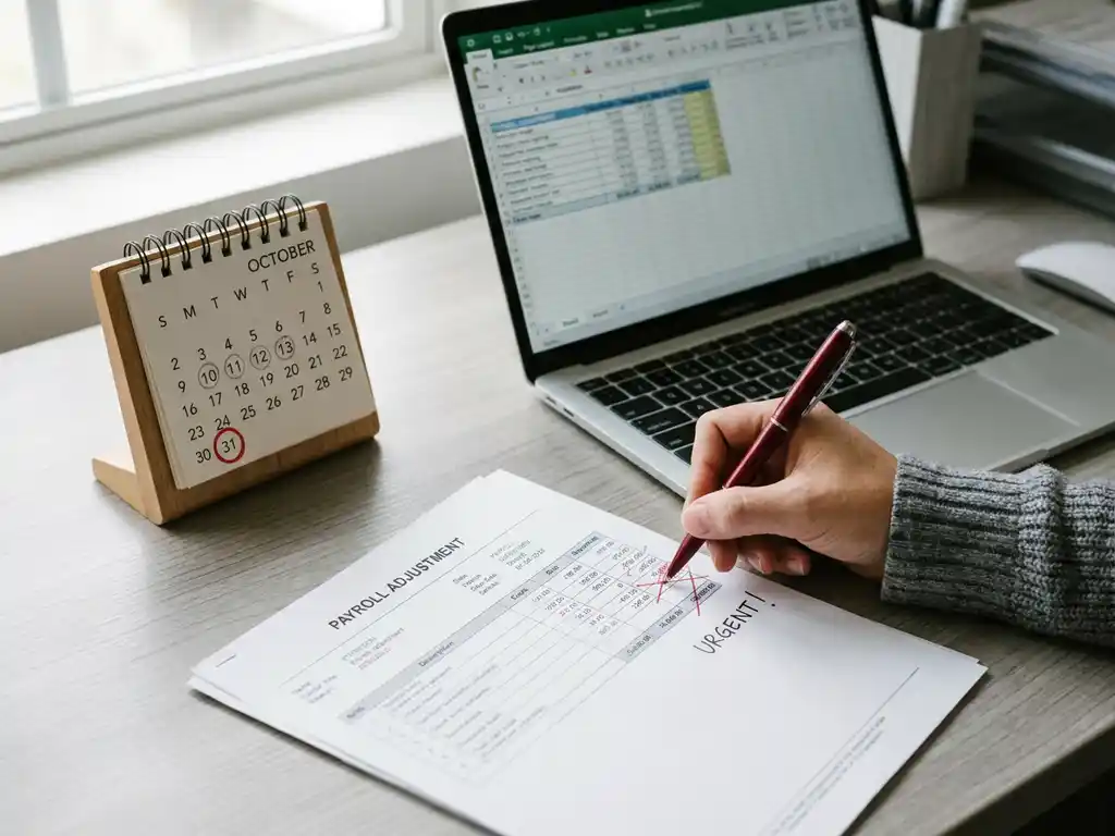 Rote Stift-Korrektur auf einem Gehaltsabrechnungsdokument, daneben Laptop und Tischkalender im modernen Büro.