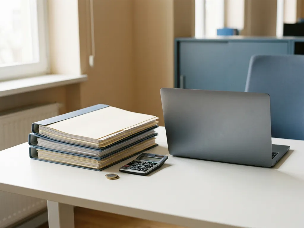 gehaltsabrechnung laptop buero dokumente.jpg Gehaltsabrechnungen und Laptop auf weißem Schreibtisch mit Taschenrechner und Euro-Münze in einem HR-Büro.