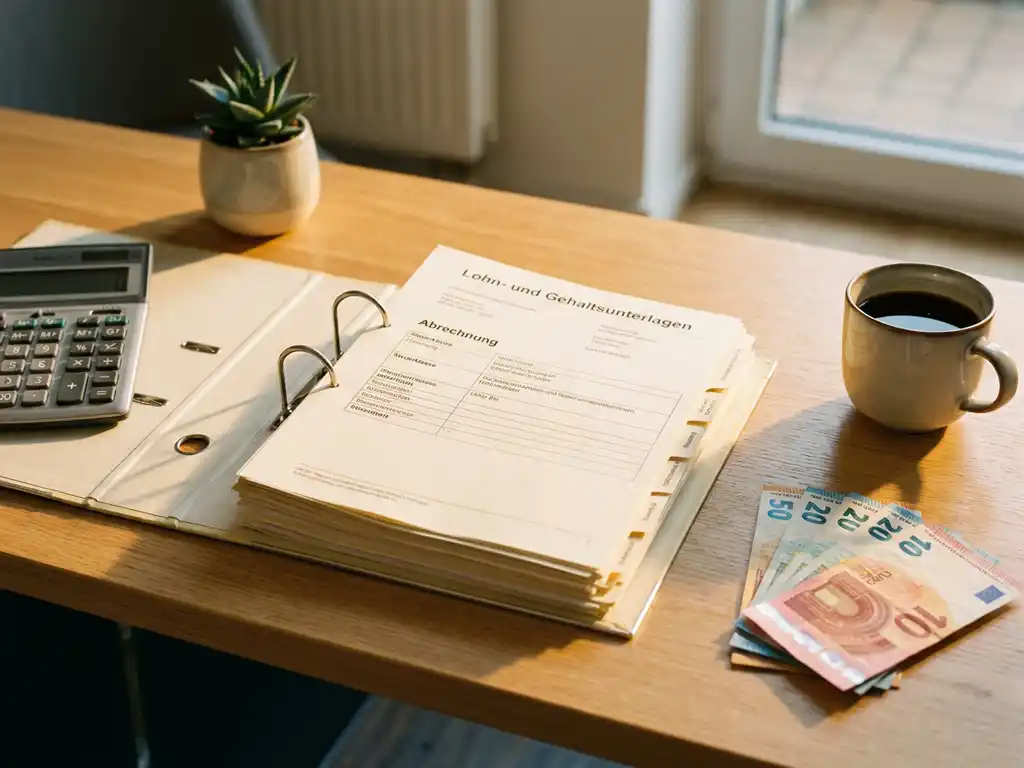 Geöffneter Gehaltsabrechnungsordner auf modernem Schreibtisch mit Taschenrechner, Euroscheinen und Kaffeetasse im warmen Bürolicht.