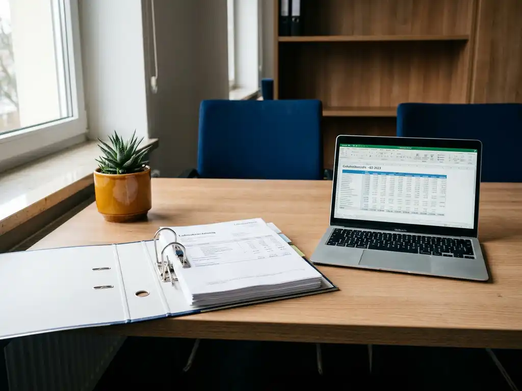 Geöffneter Gehaltsabrechnungsordner auf modernem Büroschreibtisch mit Laptop und Lohnbuchhaltungsdaten im Hintergrund.