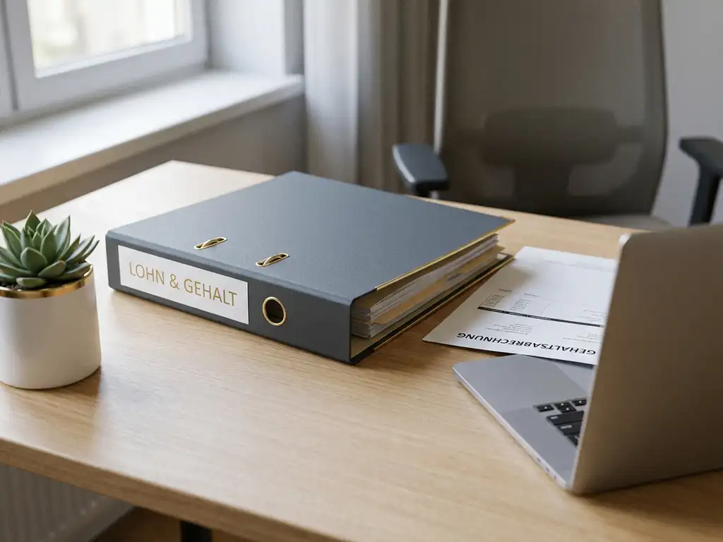 Gehaltsabrechnung-Ordner und ausgedrucktes Lohnblatt auf modernem Büroschreibtisch neben Laptop und kleiner Sukkulente.