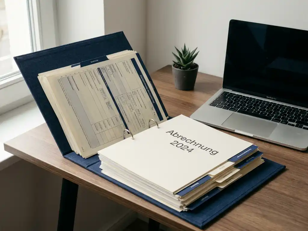 Geöffneter Gehaltsabrechnungsordner auf modernem Büroschreibtisch neben Laptop und kleiner Topfpflanze, natürliches Fensterlicht.