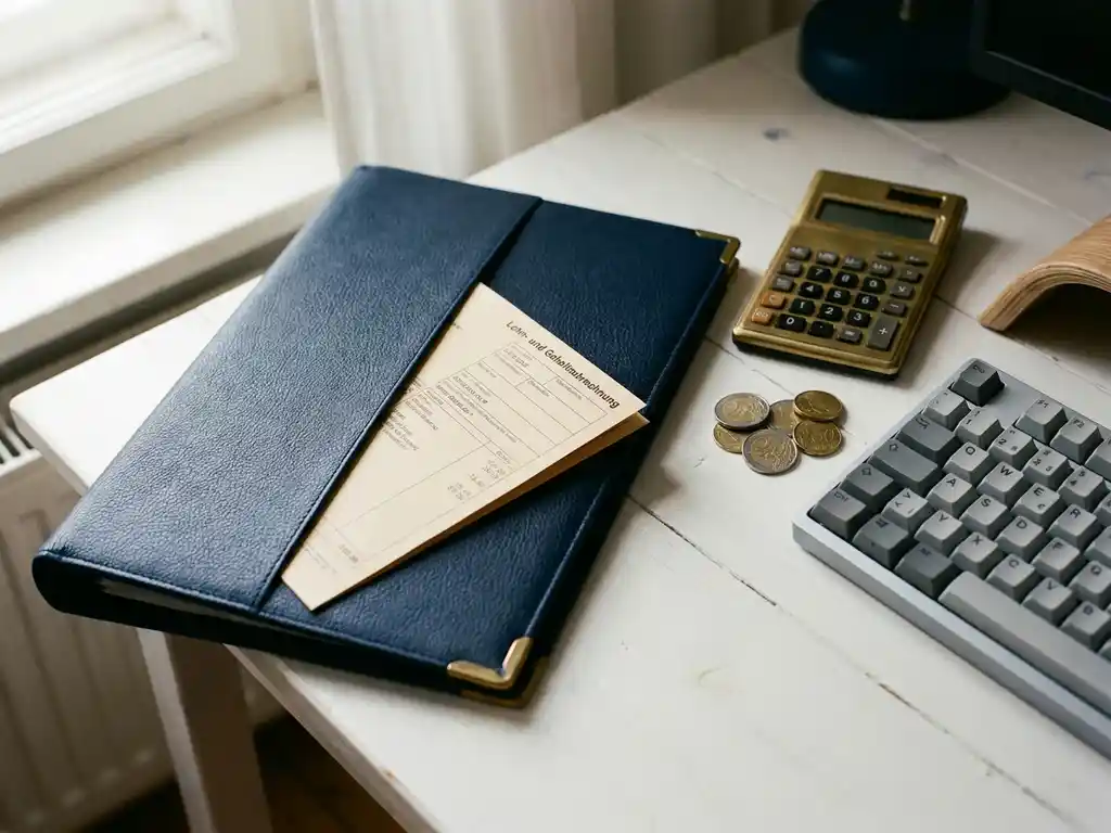 Deutsche Gehaltsabrechnung in einem Büroordner, daneben Euroмünzen, Taschenrechner und Tastatur auf weißem Schreibtisch.