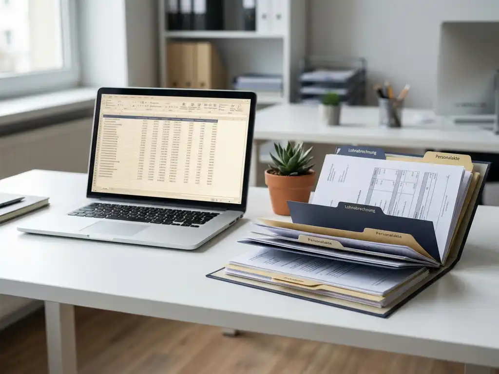 Geöffneter Gehaltsabrechnungsordner auf modernem Büroschreibtisch neben Laptop mit Tabellenkalkulation und kleiner Topfpflanze.