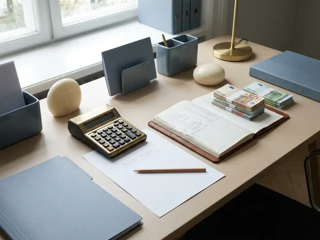 Taschenrechner und Gehaltsabrechnungen auf modernem Schreibtisch mit Bleistift, handschriftlichen Budgetzahlen und gestapelten Euroscheinen.