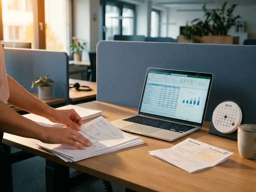 gehaltsabrechnung dokumente laptop buero.jpg Gehaltsabrechnungen werden von einem Payroll-Spezialisten neben einem Laptop mit Tabellenkalkulation und Banküberweisung in einem modernen Büro sortiert.