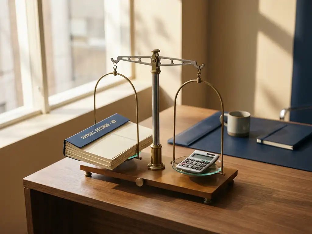 gehaltsabrechnung waage buero dokumente rechner.jpg Präzise Waage auf modernem Schreibtisch balanciert Gehaltsabrechnungen und Taschenrechner, natürliches Licht, HR-Arbeitsumgebung.