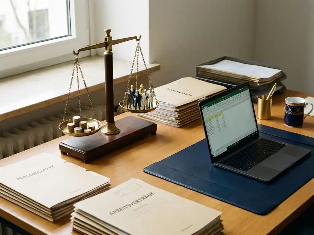 Präzise Waage mit gestapelten Euromünzen und Mitarbeiterfiguren auf einem deutschen HR-Schreibtisch mit Dokumenten und Laptop.
