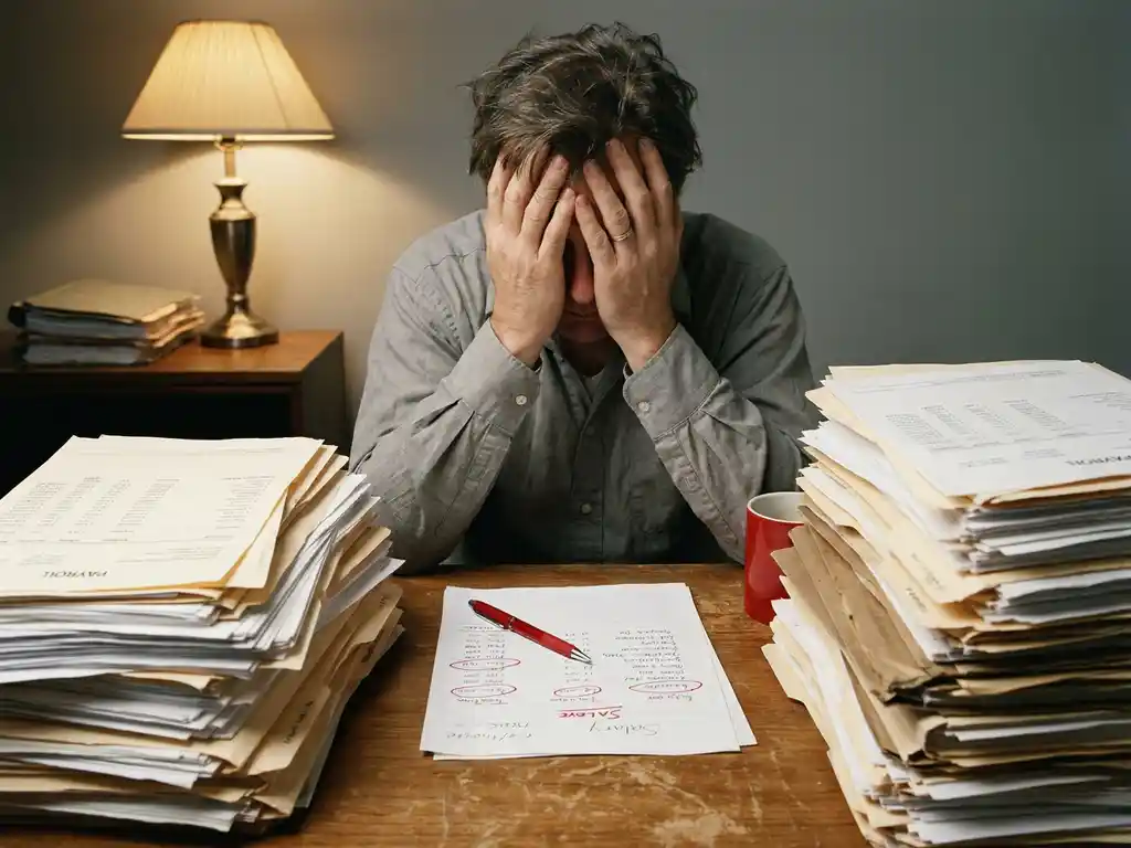 lohnabrechnung fehler papierchaos stress.jpg Gestresster Buchhalter an überfülltem Schreibtisch mit Papierstapeln, Ordnern und handschriftlichen Gehaltsabrechnungen mit roten Fehlermarkierungen.