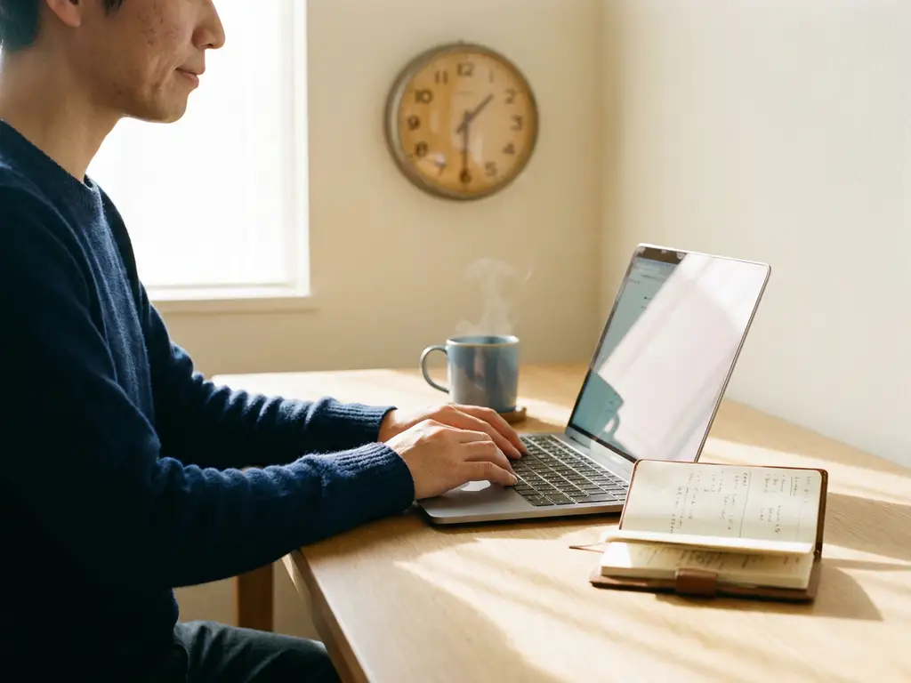 zeitmanagement homeoffice laptop schreibtisch.jpg Person arbeitet am aufgeräumten Homeoffice-Schreibtisch mit Laptop, analoger Wanduhr und Zeiterfassungsheft im warmen Morgenlicht.