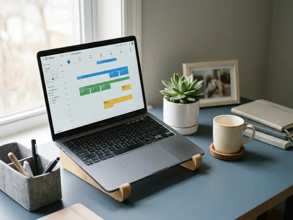 Moderner HR-Schreibtisch mit Laptop, der einen farbcodierten Abwesenheitskalender zeigt, Zimmerpflanze und Kaffeetasse im natürlichen Tageslicht.