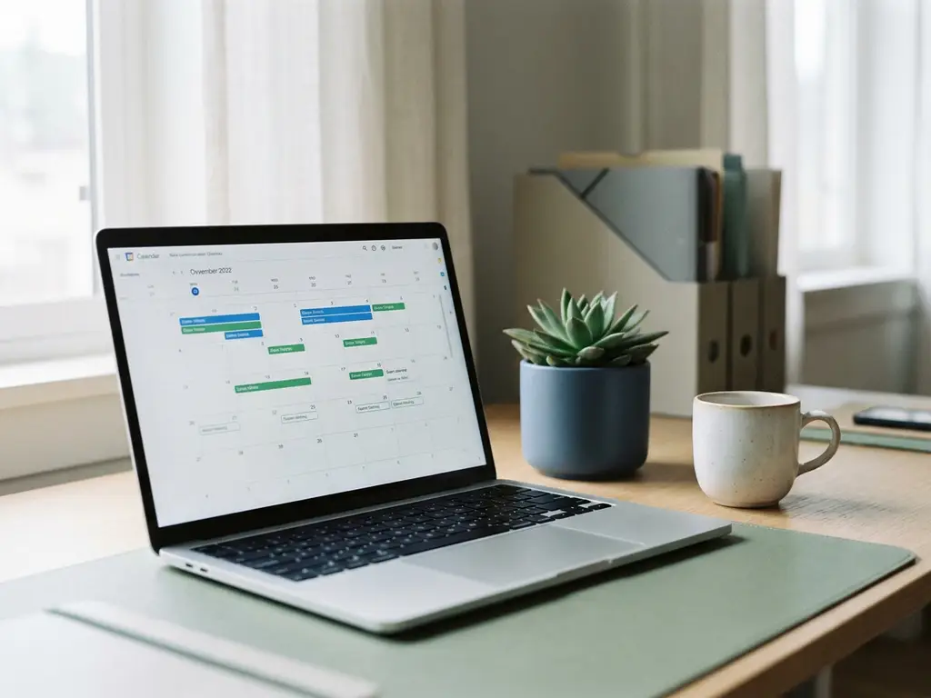 Moderner HR-Schreibtisch mit Laptop, der einen farbcodierten Abwesenheitskalender zeigt, Zimmerpflanze und Kaffeetasse im Tageslicht.