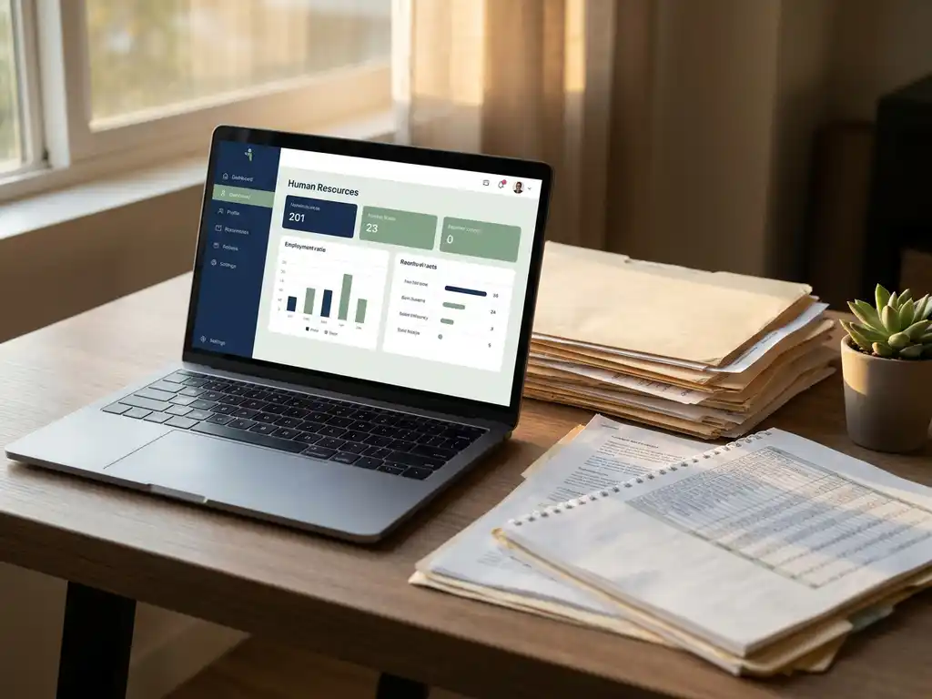 Modernes Laptop mit HR-Dashboard ersetzt Papierpersonalakten auf Schreibtisch, Sukkulente und warmes Seitenlicht, Tiefenschärfe.