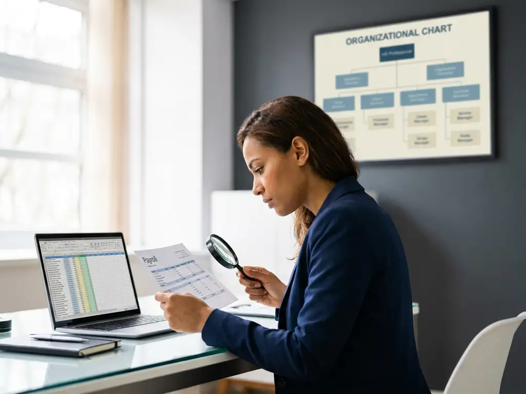 HR-Fachkraft prüft Gehaltsabrechnung am modernen Schreibtisch mit Laptop, Organigramm im Hintergrund, natürliches Bürolicht.