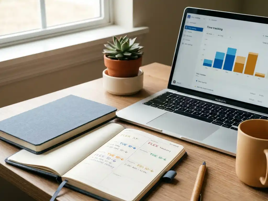 HR-Schreibtisch mit offenem Wochenplaner, Laptop mit Zeiterfassungs-Dashboard und kleinem Sukkulenten im weichen Fensterlicht.