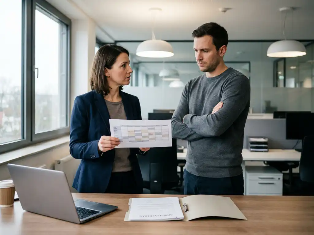 HR-Managerin in modernem Büro hält Dienstplan, Mitarbeiter mit verschränkten Armen, Laptop und Arbeitsvertrag auf dem Schreibtisch.