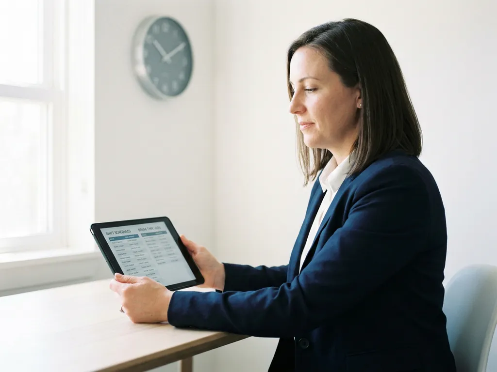 HR-Managerin prüft Schichtpläne und Pausenzeiten auf digitalem Tablet am modernen Büroschreibtisch, Wanduhr im Hintergrund.