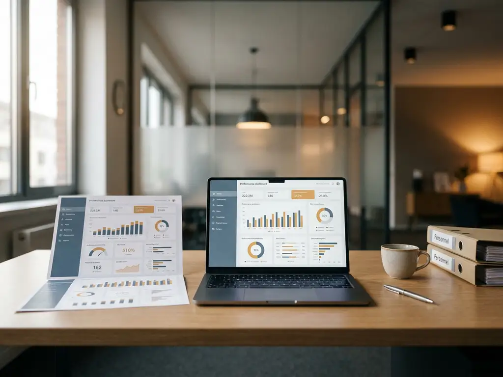 HR-Manager-Schreibtisch mit ausgedrucktem Performance-Dashboard, Personalakten, Laptop und Kaffeetasse in modernem deutschen Büro.