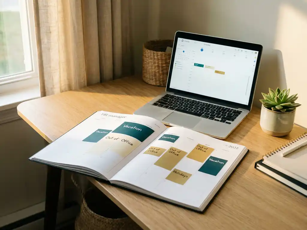 HR-Schreibtisch mit farbcodiertem Urlaubsplaner, Laptop mit Dienstplan-Dashboard und kleiner Sukkulente im warmen Morgenlicht.
