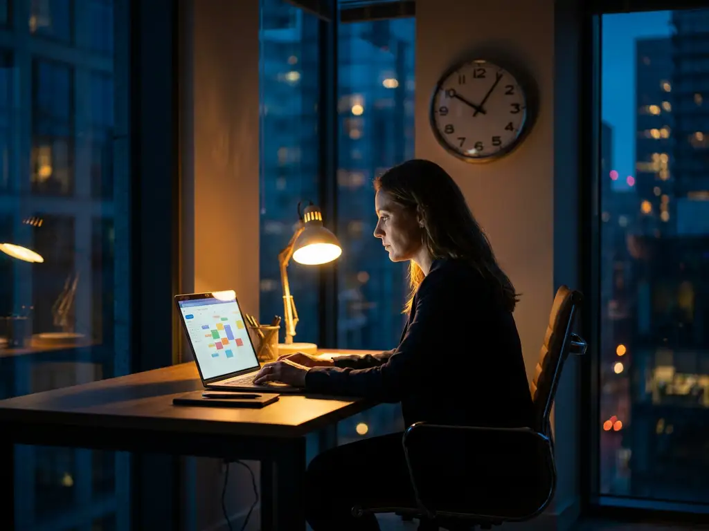 HR-Fachkraft überprüft spätabends einen digitalen Dienstplan am Laptop, Wanduhr und Stadtlichter im Hintergrund.