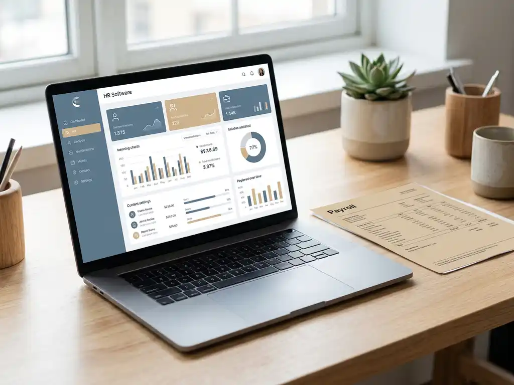 HR-Software-Dashboard auf einem Laptop neben einem Gehaltsabrechnungsdokument auf einem modernen Büroschreibtisch mit Sukkulente im Hintergrund.