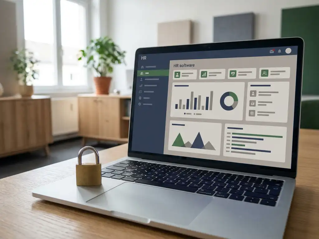 Laptop mit HR-Software-Dashboard auf einem Schreibtisch, kleines Vorhängeschloss auf der Tastatur, modernes Büro im Hintergrund.