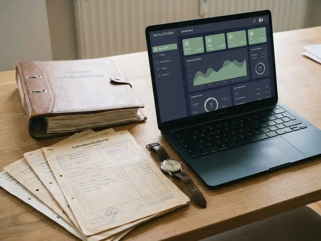 personalverwaltung software lohnabrechnung zeiterfassung.jpg HR-Software-Dashboard auf Laptop neben deutschem Lohnbuchhaltungsordner, Gehaltsunterlagen und mechanischer Armbanduhr auf Büroschreibtisch.