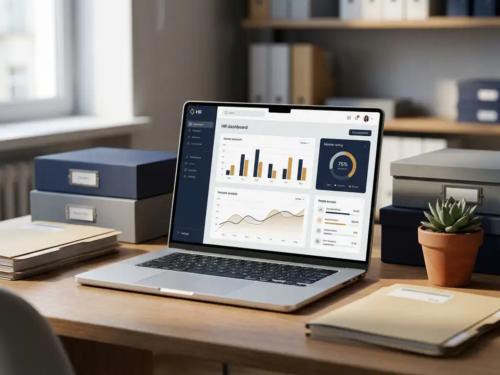 Modernes HR-Software-Dashboard auf Laptop, umgeben von Konkurrenz-Softwareboxen auf Büroschreibtisch mit kleiner grüner Pflanze.