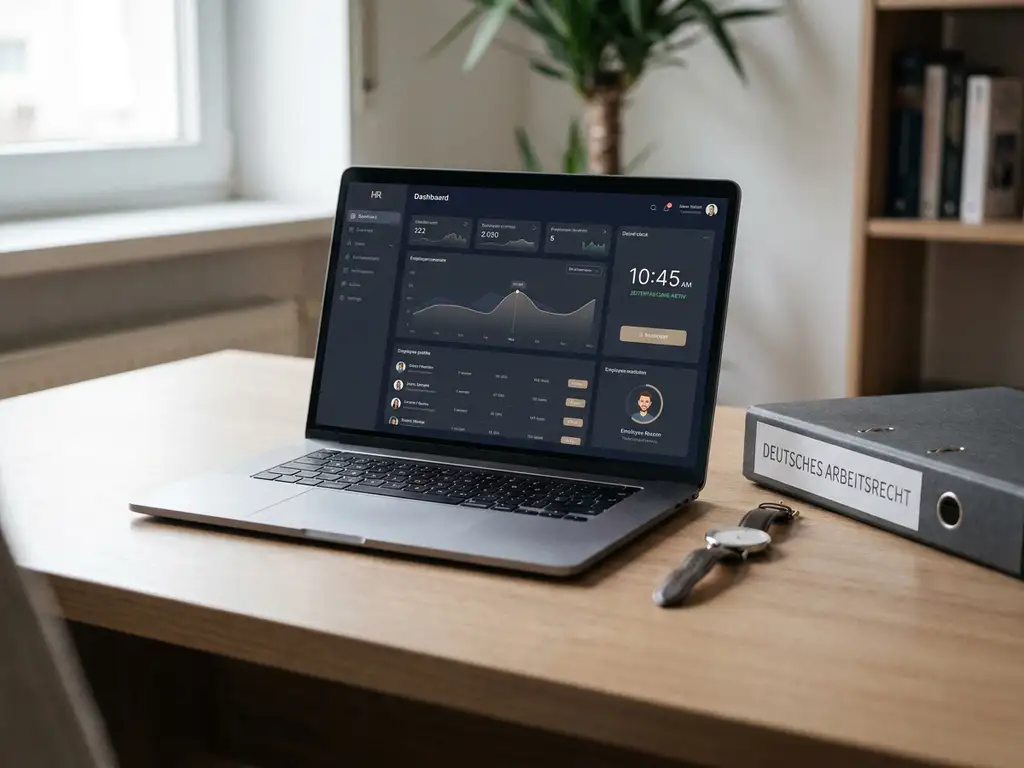 Laptop mit HR-Software-Dashboard zur Zeiterfassung neben einem Ordner mit deutschem Arbeitsrecht und einer Armbanduhr auf einem Schreibtisch.