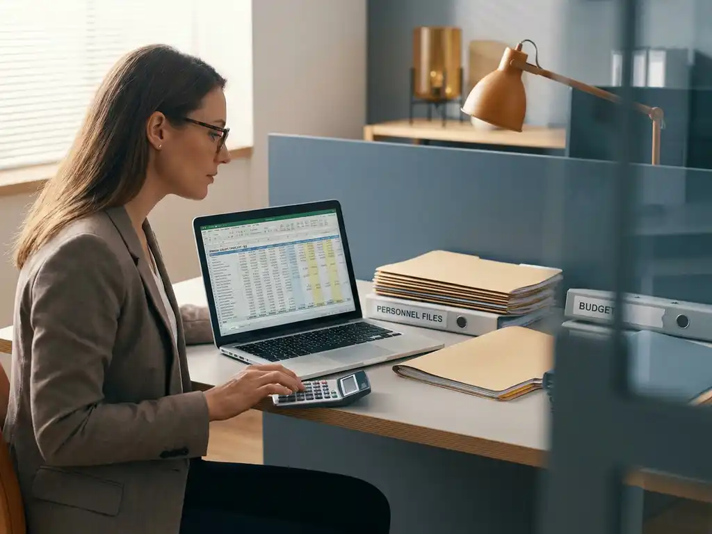 gehaltsplanung hr manager jahresprognose buero.jpg HR-Managerin analysiert Gehaltsplanung auf Laptop, umgeben von Personalakten und Taschenrechner im modernen Büro.
