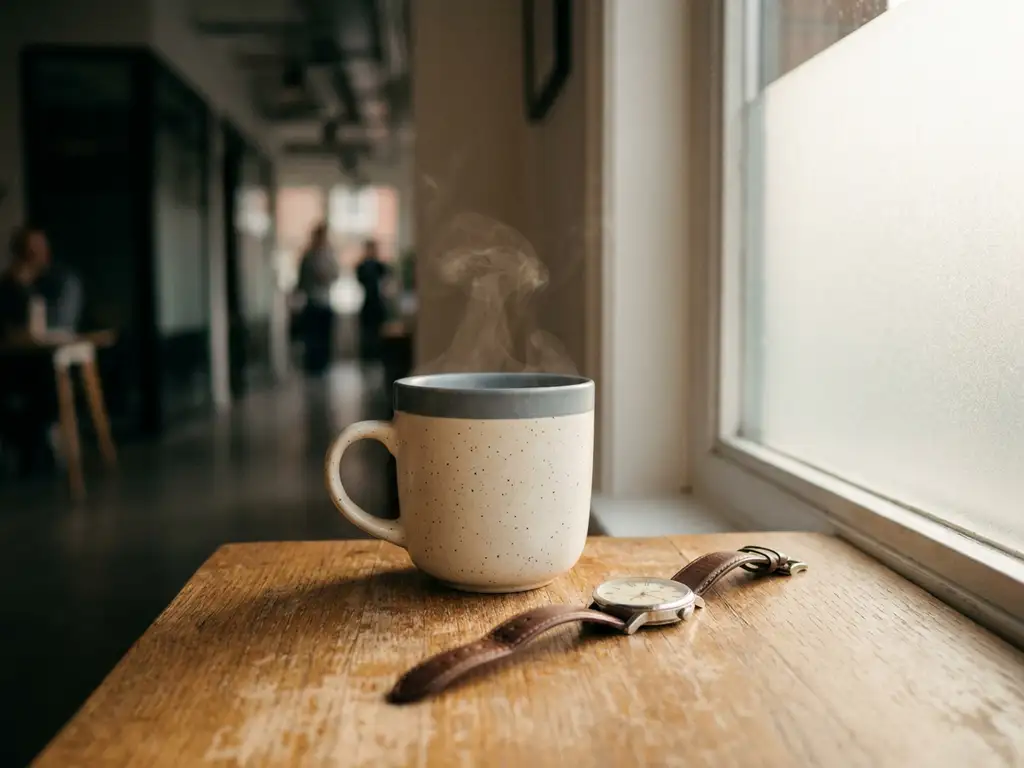 Dampfende Keramiktasse und Armbanduhr auf Holztisch im Pausenraum, moderner Büroflur im Hintergrund unscharf.