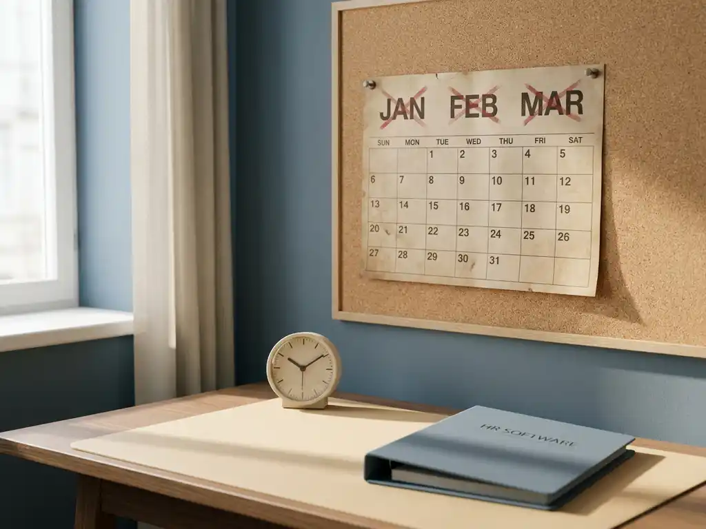 Veralteter Papierkalender an Korkwand mit rot durchgestrichenen Monaten, Analoguhr und HR-Software-Ordner auf dem Schreibtisch darunter.