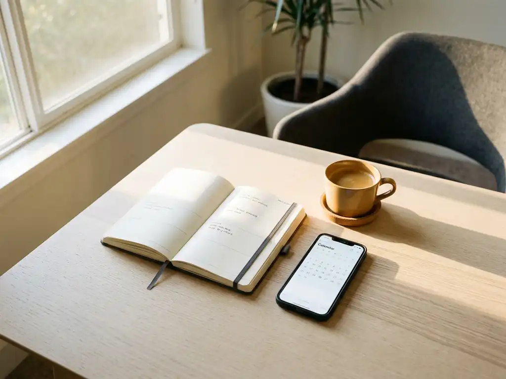 Aufgeschlagener Planer und Smartphone mit Kalender-App auf modernem Büroschreibtisch, Kaffeetasse im warmen Nachmittagslicht.
