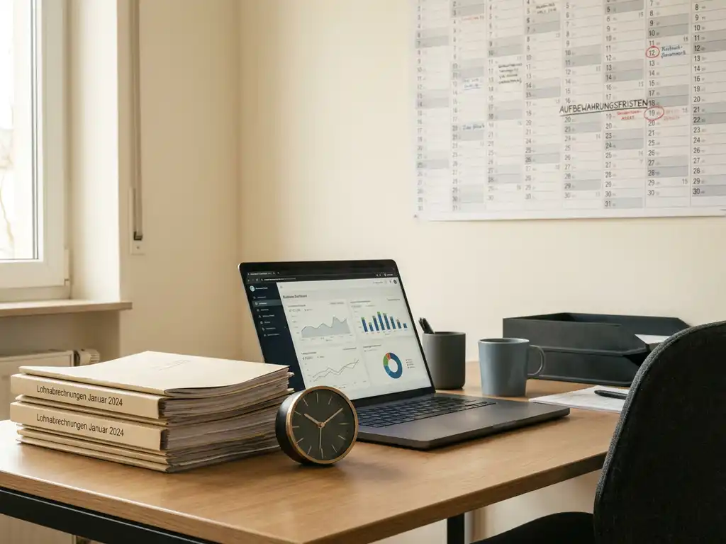 Ordentlicher Büroschreibtisch mit gestapelten Lohnabrechnungen, Laptop mit HR-Dashboard und Wandkalender mit Aufbewahrungsfristen im Hintergrund.