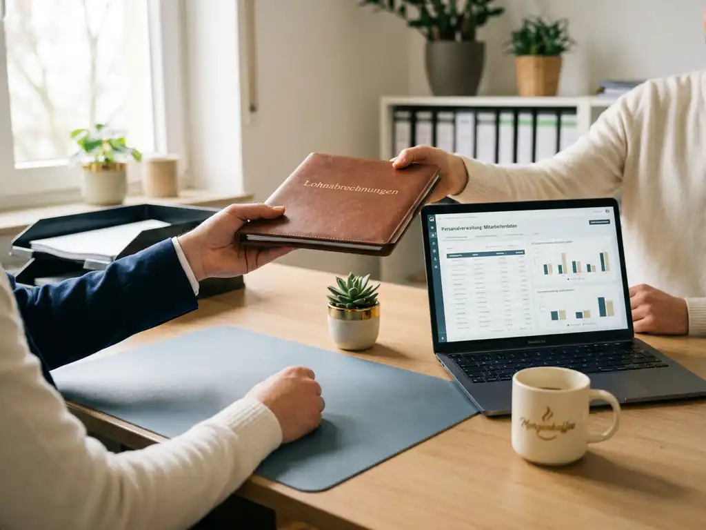 Gehaltsabrechnung wird an einem aufgeräumten Büroschreibtisch übergeben, daneben Laptop mit HR-Daten, Pflanze und Kaffeetasse.