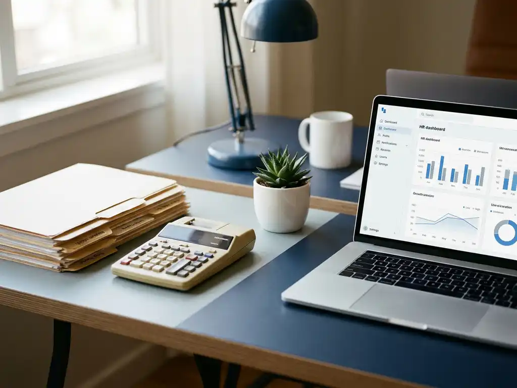 Ordentlicher Büroschreibtisch mit Gehaltsabrechnungsordnern, Taschenrechner und Laptop mit HR-Dashboard, verbunden durch eine kleine Topfpflanze.