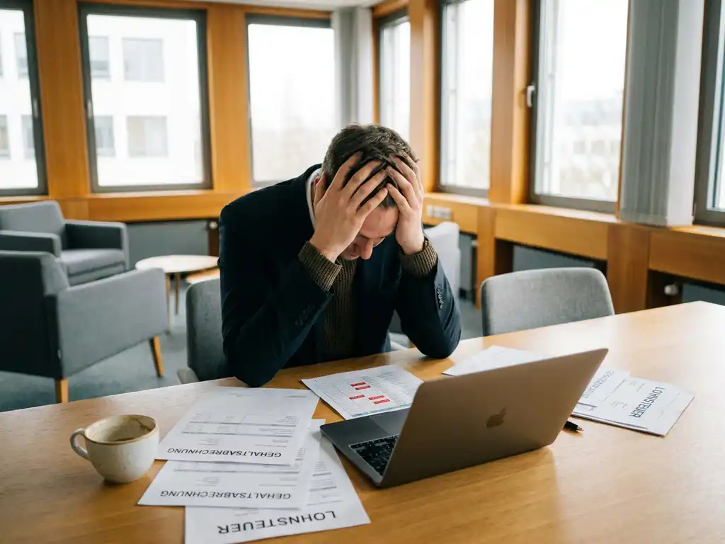 Frustrierte HR-Fachkraft am modernen Büroschreibtisch mit verstreuten Gehaltsabrechnungen und Laptop mit Tabellenfehlern.