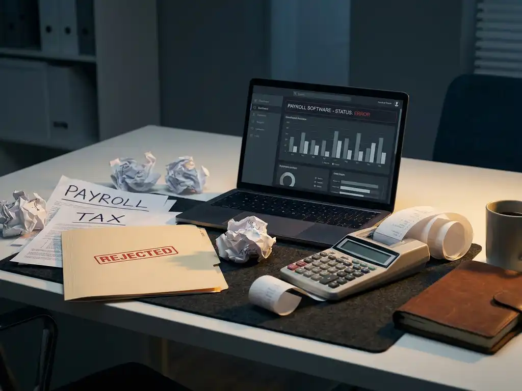 HR-Schreibtisch mit zerknüllten Lohnabrechnungen, rotem Ablehnungsordner, Taschenrechner und Laptop mit Gehaltsabrechnungssoftware.